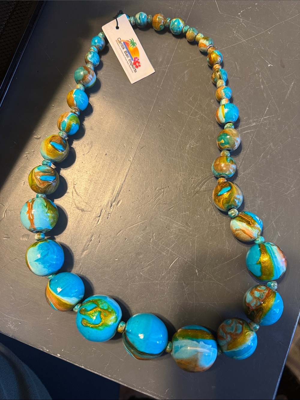 Coastal Turquoise & Gold Swirl Bead Necklace - Statement Women’s Jewelry